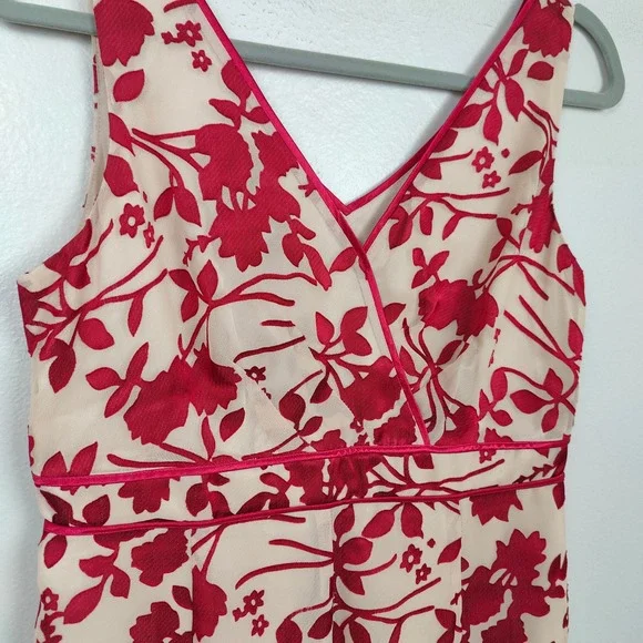 Jacques Vert Dress Womens 8 Red Cream Devore Floral Midi Dress Sleeveless V-Neck - Picture 3 of 9